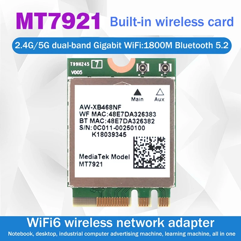 Фото HOT-MT7921 WIFI6 2,4G 5G гигабитная сетевая карта для настольного компьютера, ноутбука, встроенная беспроводная сетевая карта с внешней антенной №3