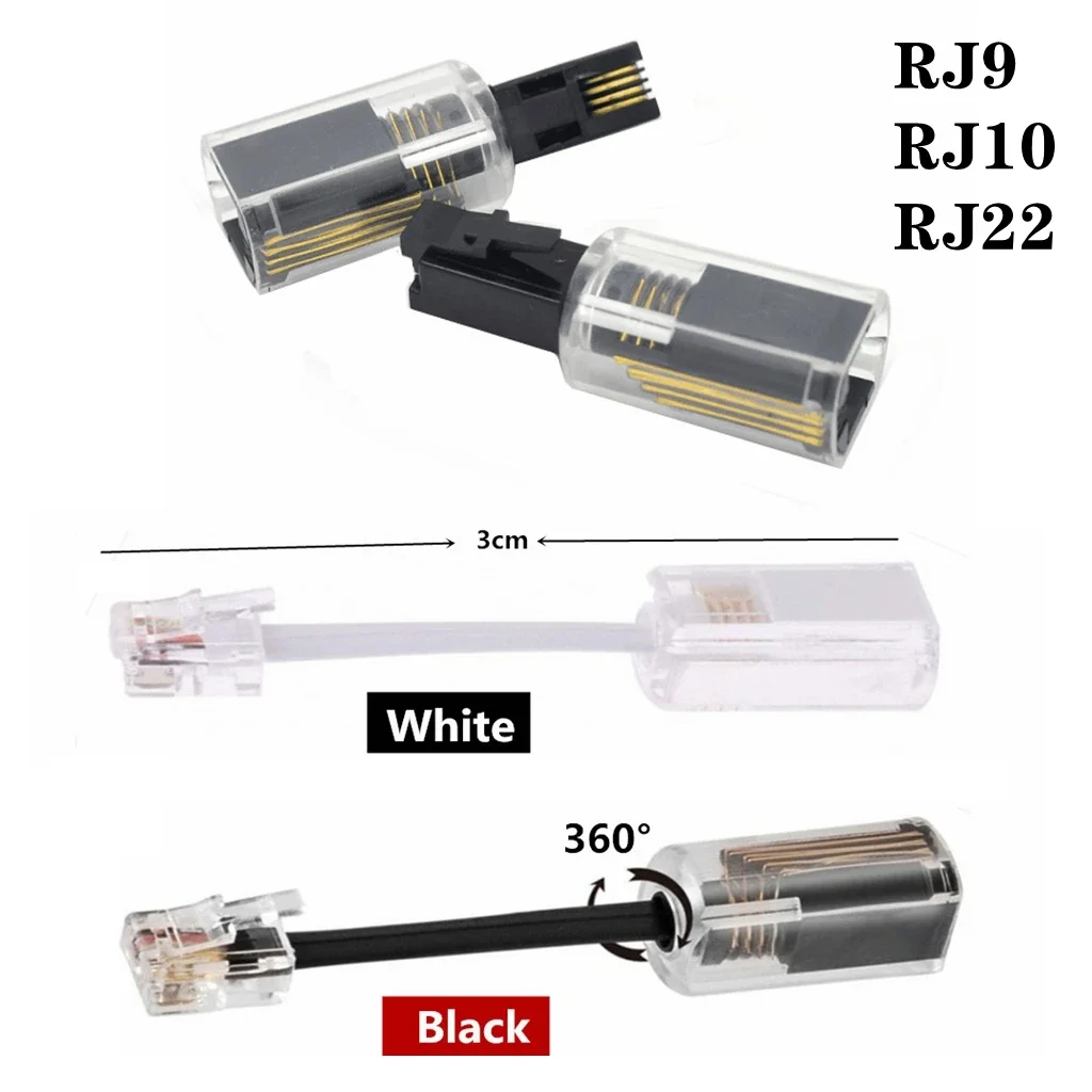 Телефонный кабель 3 см, телефонный RJ9 4P4C RJ10 RJ22, разъем адаптера шнура, разветвитель, защита от ультрафиолета, вращающийся на 360 градусов, черный, 1 шт.