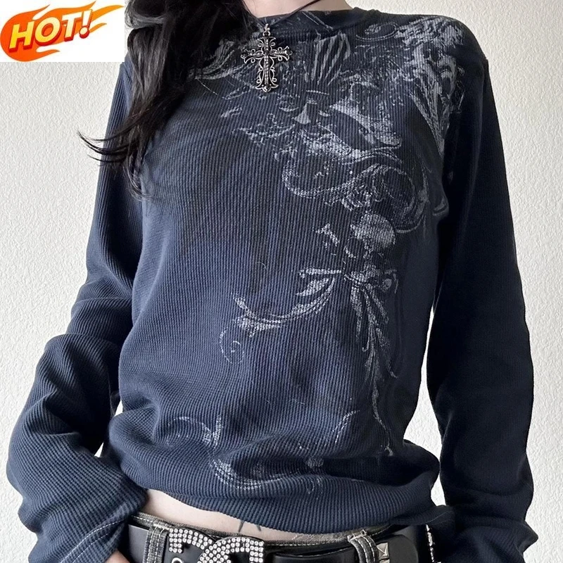 Y2K Гранж Cyber Mall Goth термофутболка черепа графический принт пуловеры с длинными рукавами топы женские винтажные эстетические футболки 90-х годов