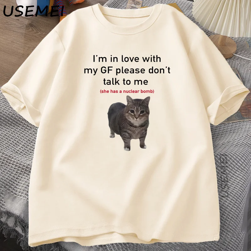 Фото Футболки с забавным котом «Я в любви с моим GF», хлопковая свободная футболка большого размера с круглым вырезом для бойфренда, мужская футболка с короткими рукавами, футболки для пар №3