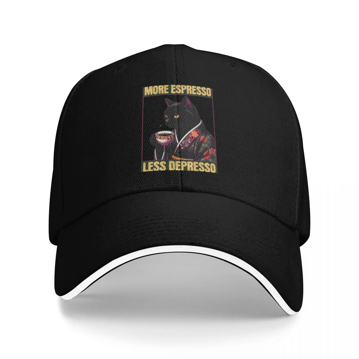 More Espresso Less Depresso Meme — бейсболка с забавным кофейным котом и винтажным плакатом | -F- |   Женские головные уборы в стиле хип-хоп 2025д. Мужские Аксессуары одежды
