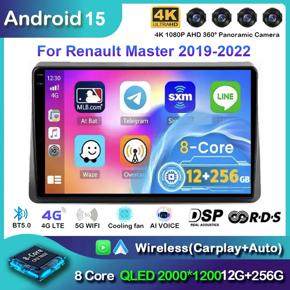 Android 15 Carplay Auto для Renault Master 2019 2020-2022 Автомагнитола Навигация DVD Видеоплеер DSP Стерео 360 Камера Беспроводная