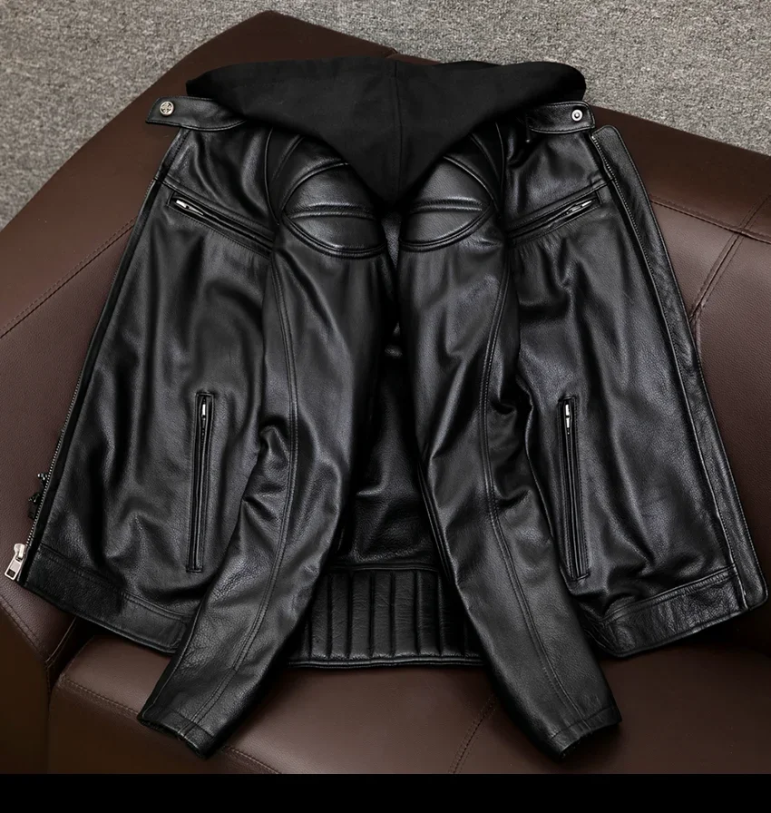 Фото LNY SHop Best.Plus крутая куртка из натуральной кожи с капюшоном motor rider. Мужская популярная черная модель. Тяжелая мягкая кожаная ткань. №2