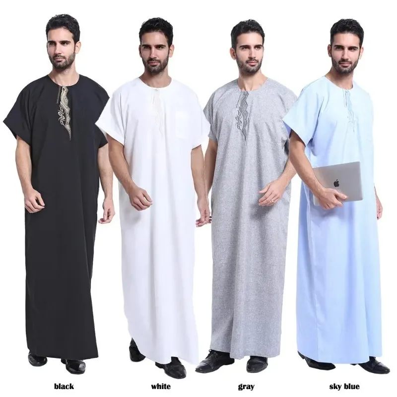 Мусульманский Саудовский халат Caftan Thawb для мужчин, мусульманское платье с круглым вырезом и вышивкой Дубай, длинная абайя Рамадан, Тобе, Аравия, платье с коротким рукавом Caftan