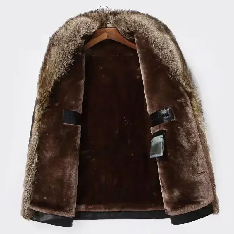 Фото Big Fur Collar Haining Fur One Man with Wool Thickened Genuine Leather Fur Coat Sheep Skin Raccoon Medium Long Men's Clothing №2