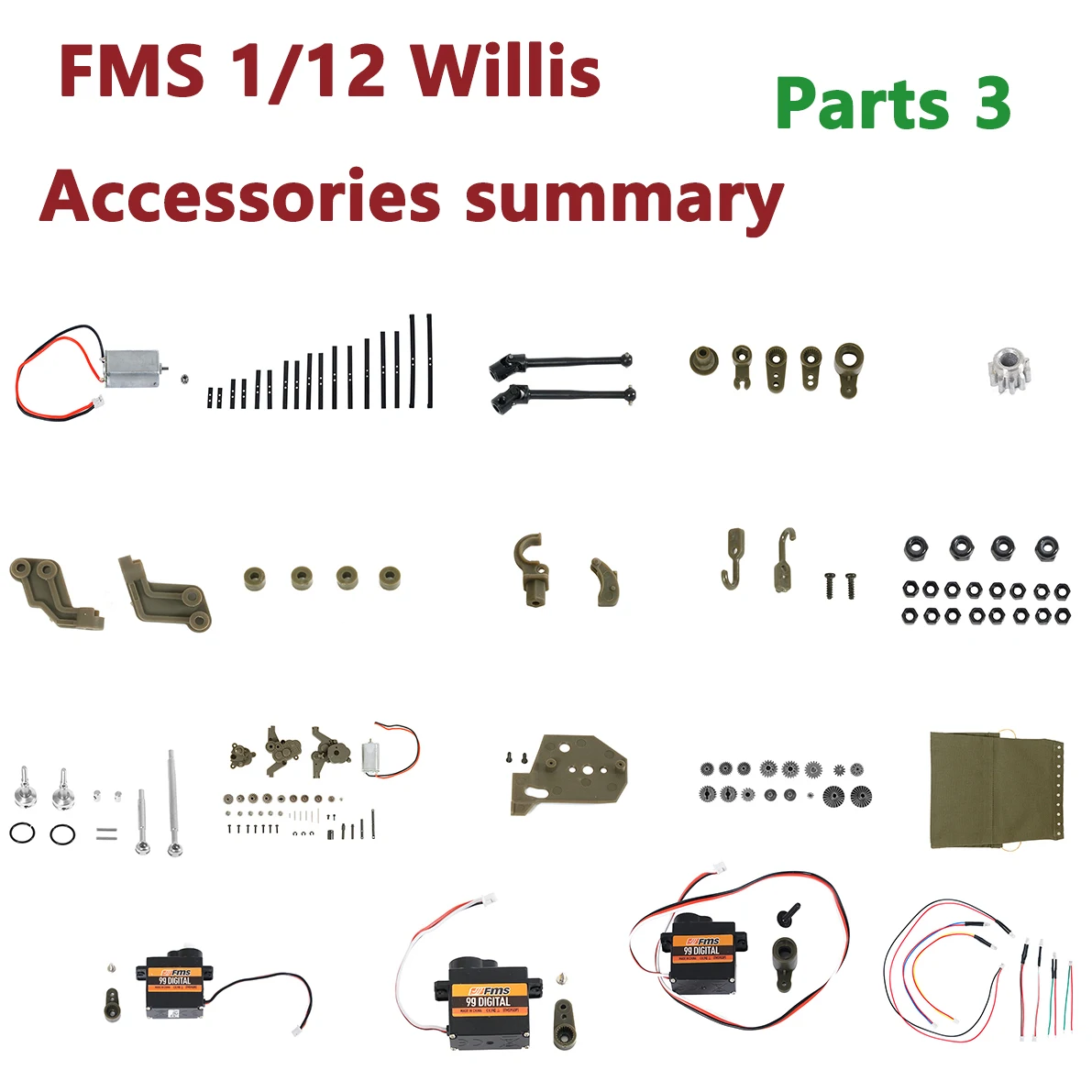 Запасная шестерня рулевого механизма FMS 1/12 wmix RC для автомобиля, качающийся рычаг, корпус электролокомотива, лампа, провод, винт, втулка вала, детали 3