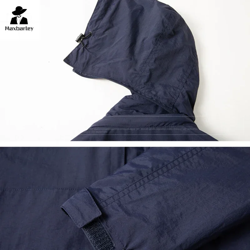 Фото Мужская ветровка Techwear, весенне-осеннее повседневное тонкое рабочее пальто с несколькими карманами, свободное пальто с капюшоном для рыбалки и альпинизма на открытом воздухе №3