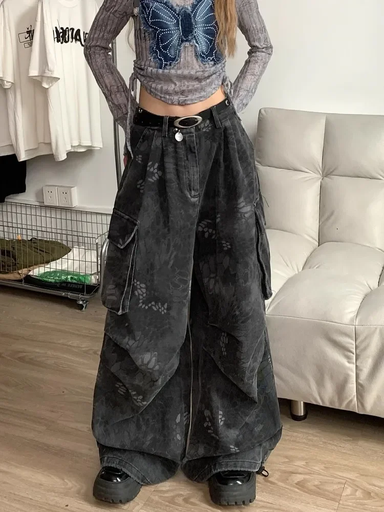 Фото Goth Dark Academia Jeans Женские гранж-японские Abi Y2K Джинсовые брюки-карго 2000-х годов Goblin Core Harajuku Cyber Punk Мешковатые брюки №2