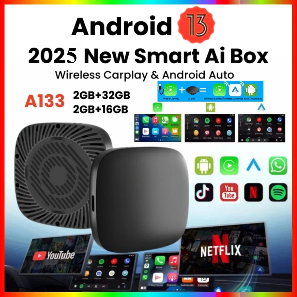 Carplay AI Box Android 13, беспроводная Android Auto Smart TV Box для Youtube Netflix Toyota Mazda Hyundai Haval GMC Ford MG VW Kia