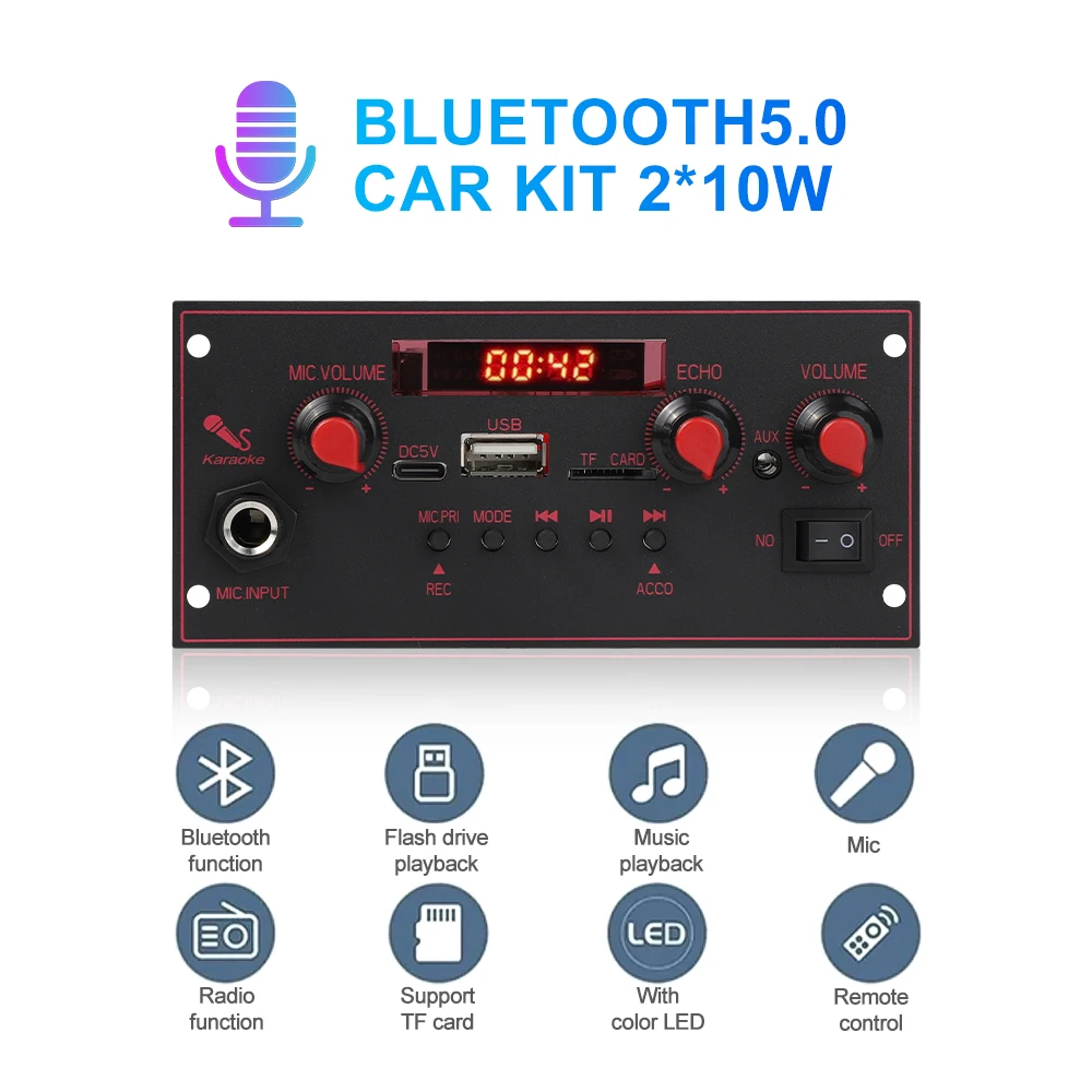 Bluetooth декодер «сделай сам», плата 20 Вт, усилитель 6,5 мм, микрофон, DC 5 В, FM-радио, TF, USB, автомобильный аудио, музыкальный плеер, динамики, управление громкостью