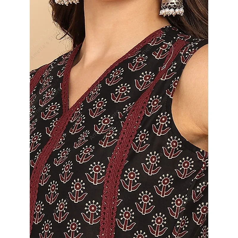 Фото Женская черно-зеленая хлопковая туника Kurta в индийском этническом стиле, топ без рукавов с принтом пейсли, летняя одежда, повседневное платье Kurti №5