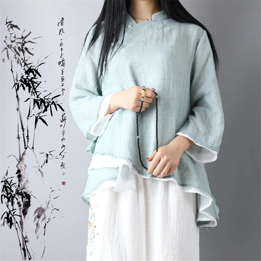 Фото Atasan Tradisional Gaya Cina Retro untuk Perempuan Lapisan льняная дзен танка для сетей Hanfu Kemeja Sifon №4