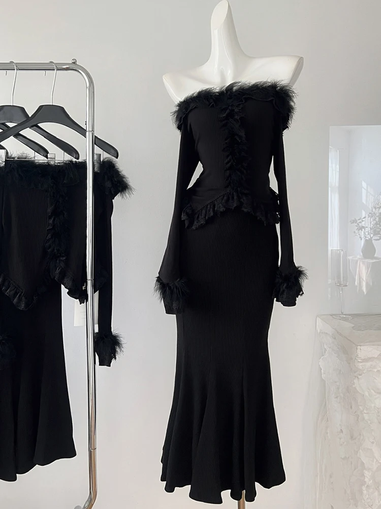 Женский комплект Y2k Coquette Dark Academia 2000-х годов Shoujo Girl Outfits, комплект из 2 предметов, топы с длинными рукавами и разрезом на шее + юбки-миди-трубы-русалки