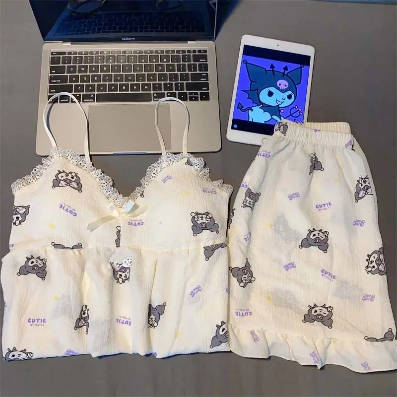 Sanrio Kuromi мультфильм Милая Пижама Леди Лето с груди подтяжки шорты Милая домашняя одежда