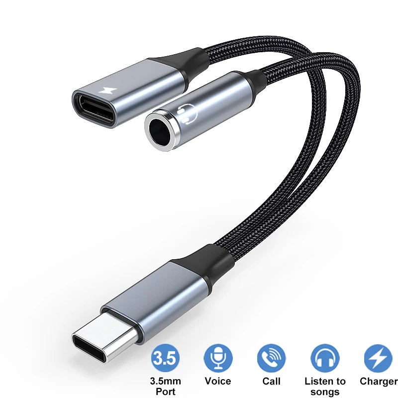 2 в 1 USB C на 3,5 мм адаптер для наушников типа C PD 60 Вт зарядный аудио Aux адаптер для iPhone 15 серии Samsung Xiaomi Huawei