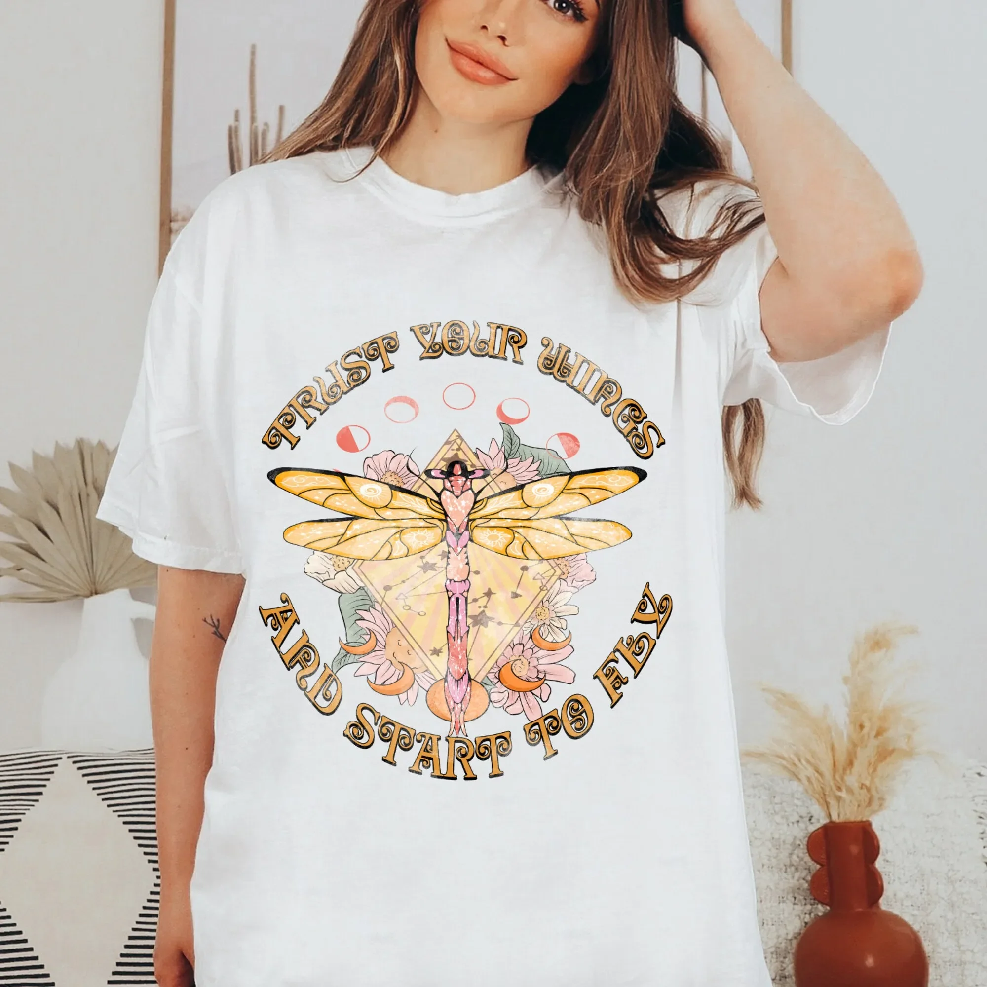 Удобная цветная футболка с надписью «Celestial», «Trust Your Wings And Start To Fly Moon Boho» для астрологических пожеланий