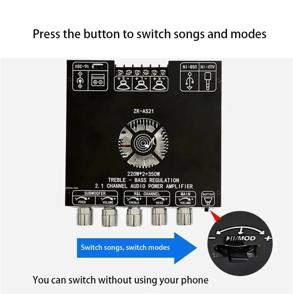 Фото 2*220 Вт + 350 Вт Bluetooth TPA3255 мощность аудио стерео сабвуфер усилитель плата 2,1-канальный эквалайзер театра класса D усилитель AS21 AUX №4