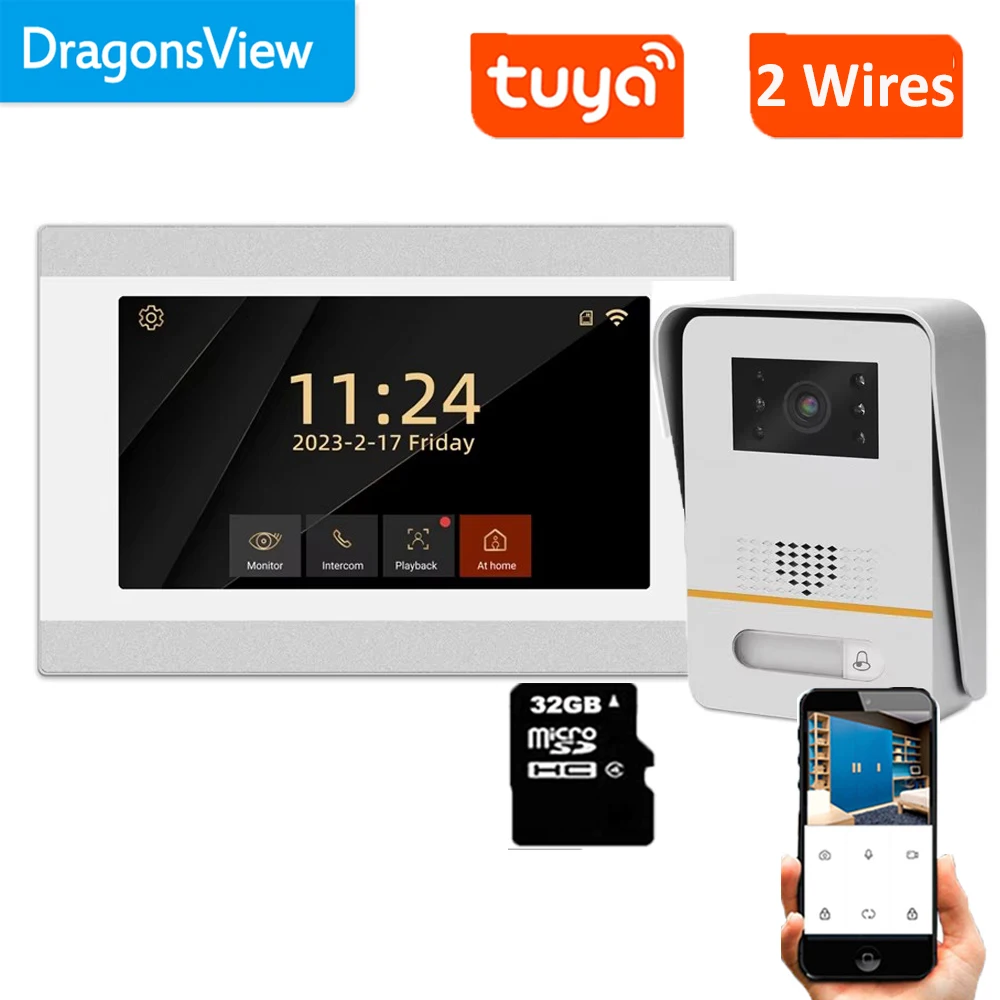 Фото Dragonsview 7-дюймовый видеодомофон 1080p Tuya, умный дверной телефон, дверной звонок, Wi-Fi, беспроводная 2-проводная система, разблокировка, обнаружение движения №2