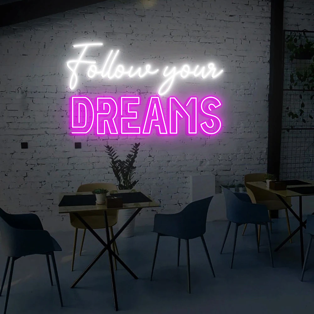 Фото Неоновая вывеска Follow Your Dreams, мотивирующая цитата, Светодиодный настенный Декор, индивидуальные вдохновляющие неоновые вывески, украшения для спальни, офиса, комнаты №3