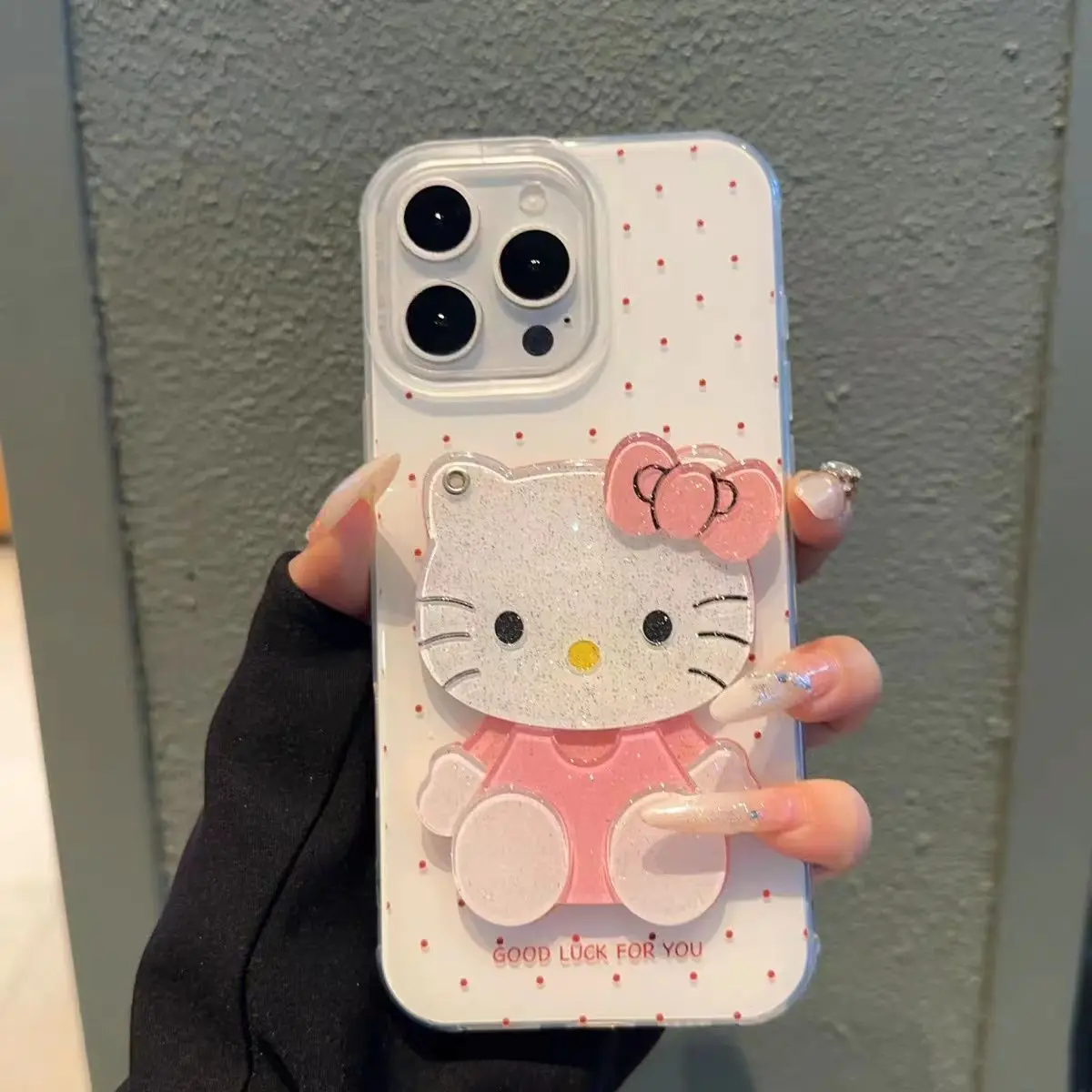 3D розовый двухслойный чехол для телефона Hello Kitty Mirror с полным экраном и волнистой точкой для iPhone 17, 16, 13, 11, PRO MAX 15, 14 PLUS, жесткий мультяшный чехол