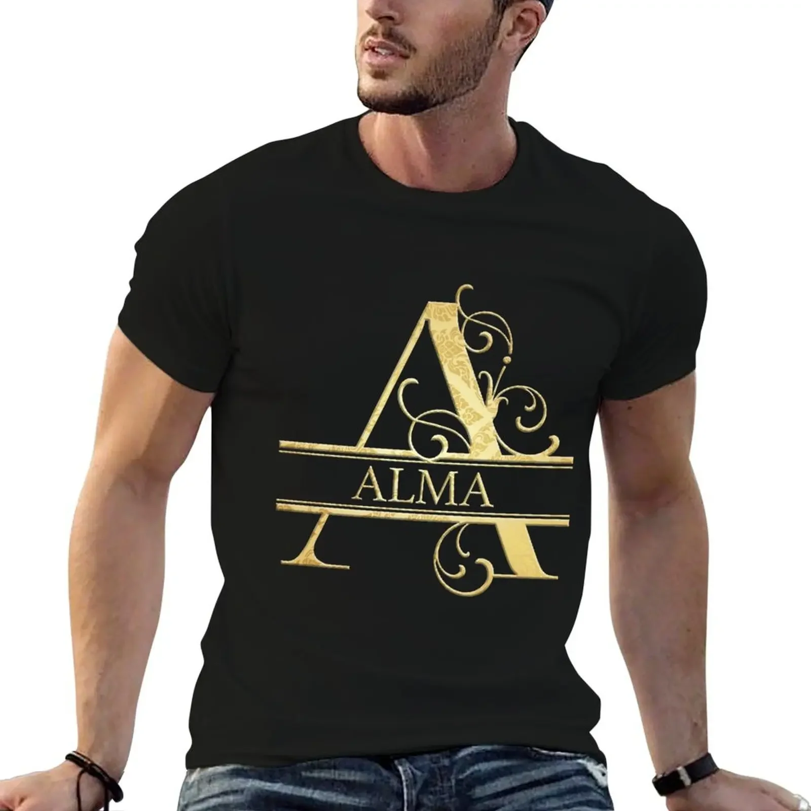 Alma Name-Monogram Letter A The Name Alma Gift For Alma Футболка недорогие заготовки Футболки для мужчин хлопок