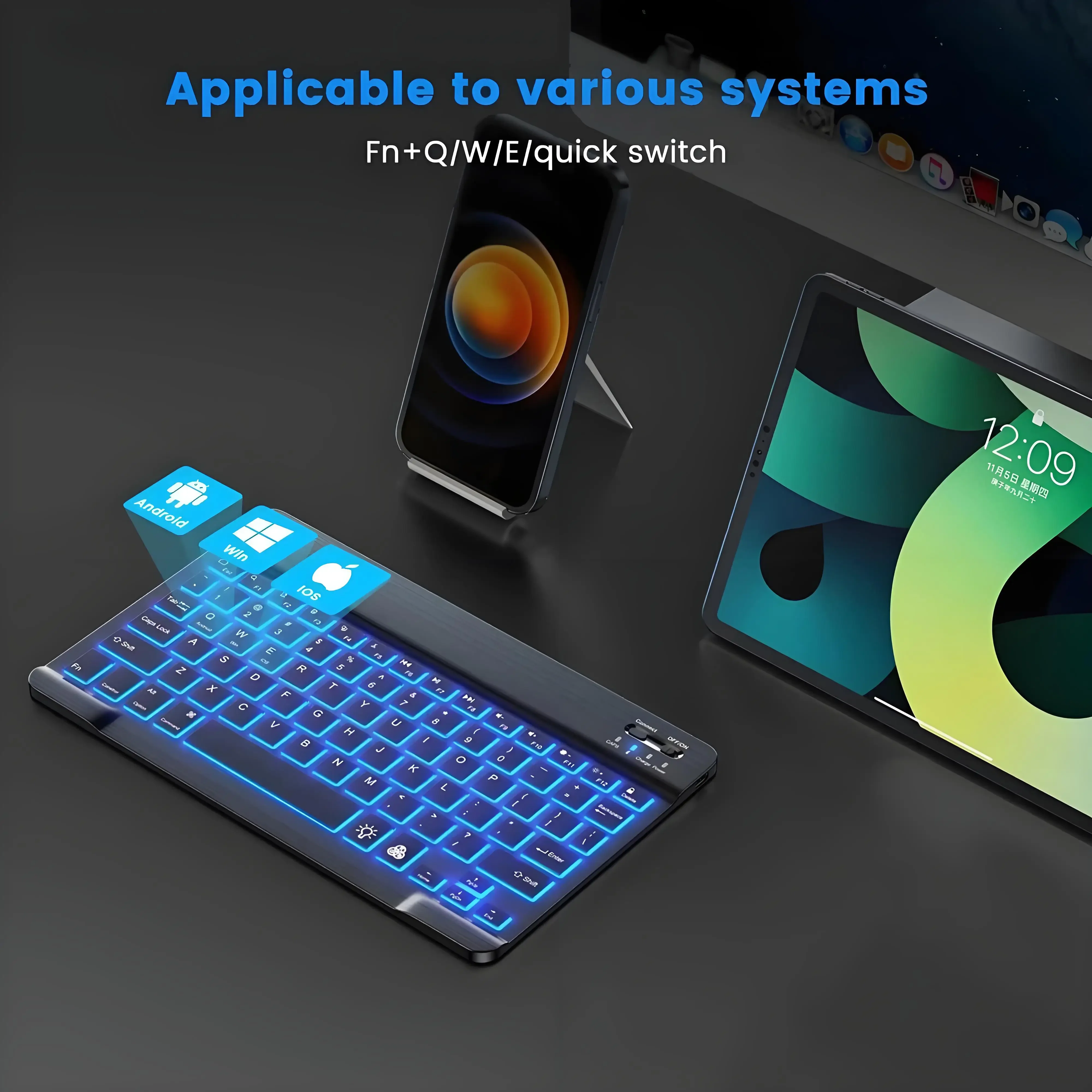 Мини-клавиатура Bluetooth, беспроводная игровая мышь, клавиатура с радужной подсветкой, RGB-клавиатура для iPad, телефона, планшета, Android iOS, Windows (art.: 3920cd0173bb1) - 3920cd0173bb1