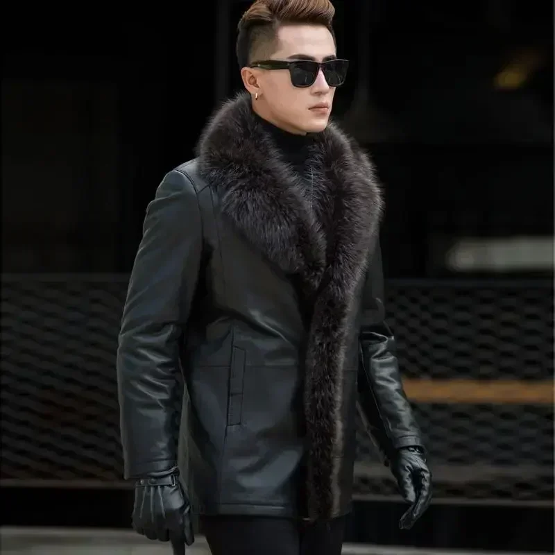 Big Fur Collar Haining Fur One Man with Wool Thickened Genuine Leather Fur Coat Sheep Skin Raccoon Medium Long Men's Clothing (art.: 3920cb90f0fdf) - 3920cb90f0fdf