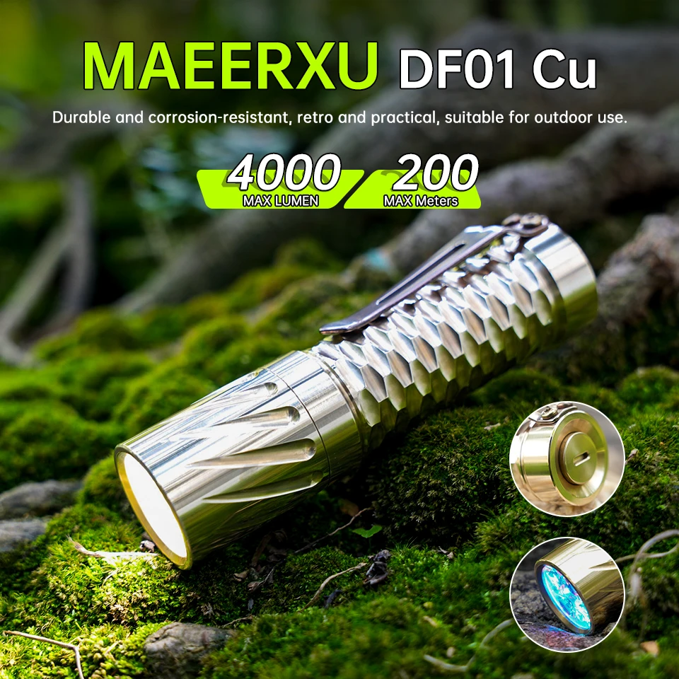 Фото Латунный компактный фонарик Maeerxu DF01 18650, литий-ионный аккумулятор, 4000 люмен, супер яркий аварийный фонарик для рыбалки и велосипеда №3