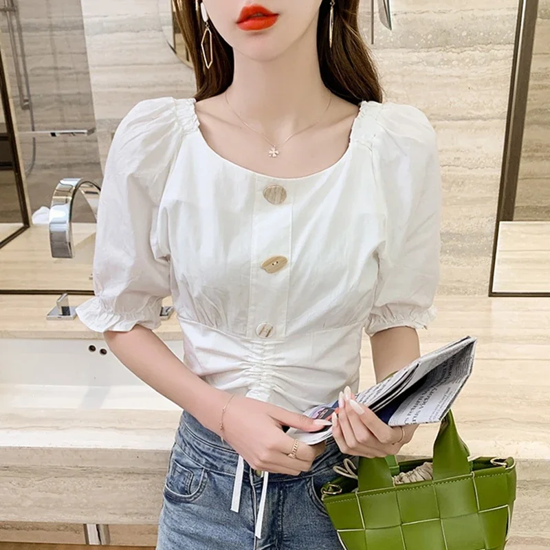 Фото Blusas Mujer De Moda 2024, летний сексуальный корсетный топ, белая блузка, женская корейская одежда, женская уличная одежда, фиолетовый укороченный топ с пышными рукавами №4