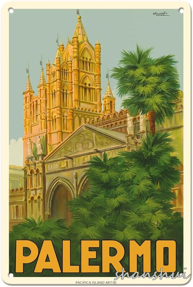 Palermo Sicily, Италия - ДУМО (Собор) - Винтажный туристический постер ATTILIO RAVAGLIA C.1930S - 20,32 х 30,48 см, винтажная металлическая банка l