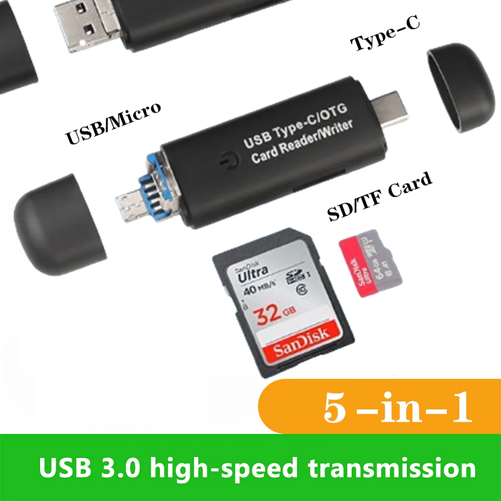 5 в 1, кардридер OTG Type c на USB 3,0/Micro
