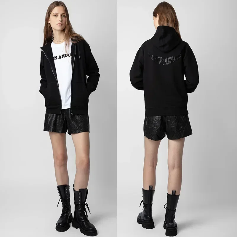 Новая зимняя французская ниша ZV Back Wings Hot Diamond Black плюс флисовая толстовка с капюшоном, женская толстовка на молнии, пальто