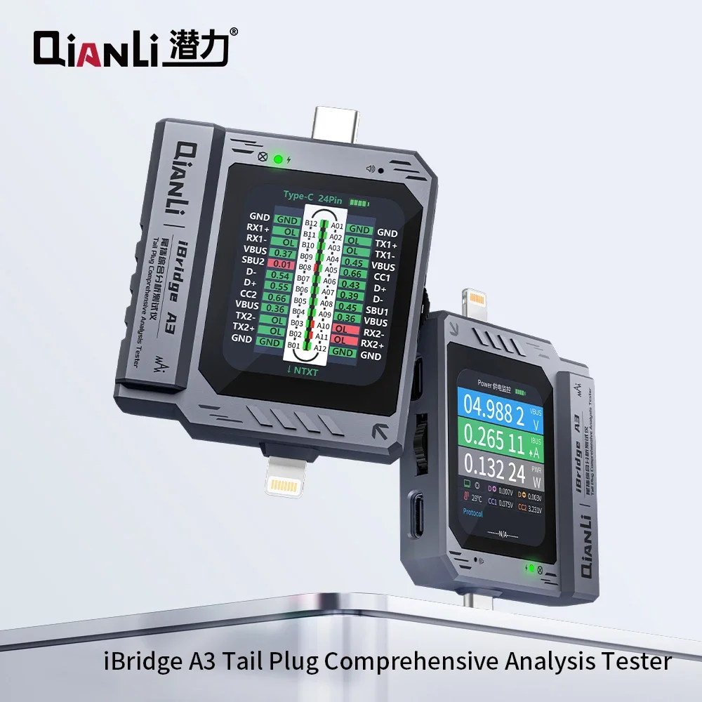 Qianli IBridge A3 Tail Plug Комплексный анализа тестер Type-C Lightning Current 30 В 5 А Автоматический детектор напряжения для телефона