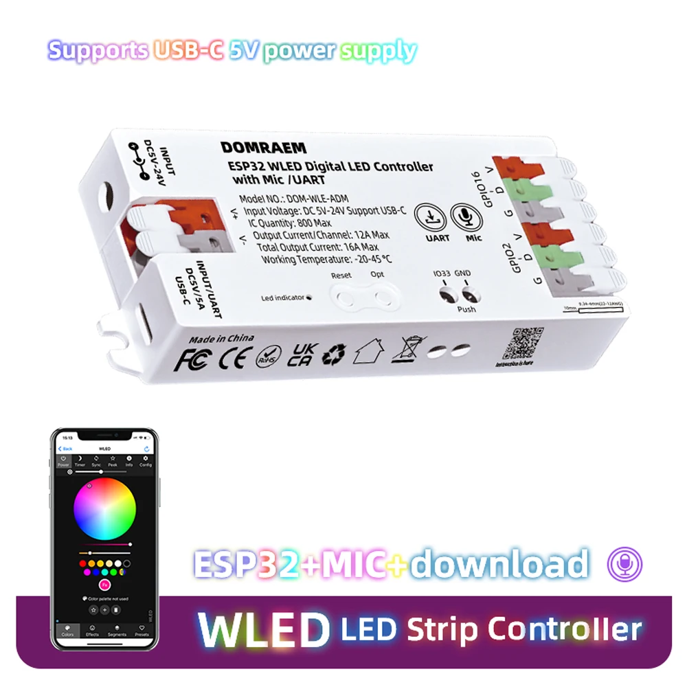 ESP32 WLED Светодиодный контроллер Микрофон Музыка DIY Динамический режим UART Загрузка Простая проводка Управление приложением WS2811 WS2812 SK6812 RF Пульт дистанционного управления