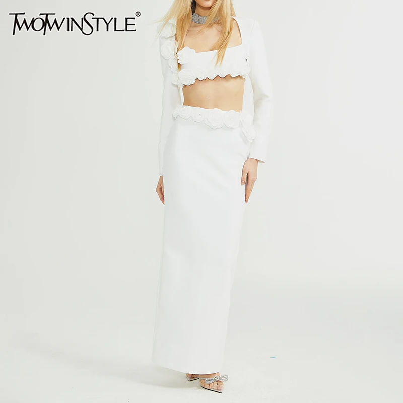 Женский комплект из двух предметов TWOTWINSTYLE, комплект из двух предметов, топ с квадратным вырезом и длинным рукавом, юбка с высокой талией и разрезом