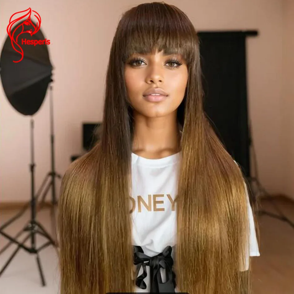 Hesperis Silk Straight Ombre Парик из человеческих волос с челкой Бразильский Remy Reay Wear And Go Scalp Top Полный машинный парик для женщин