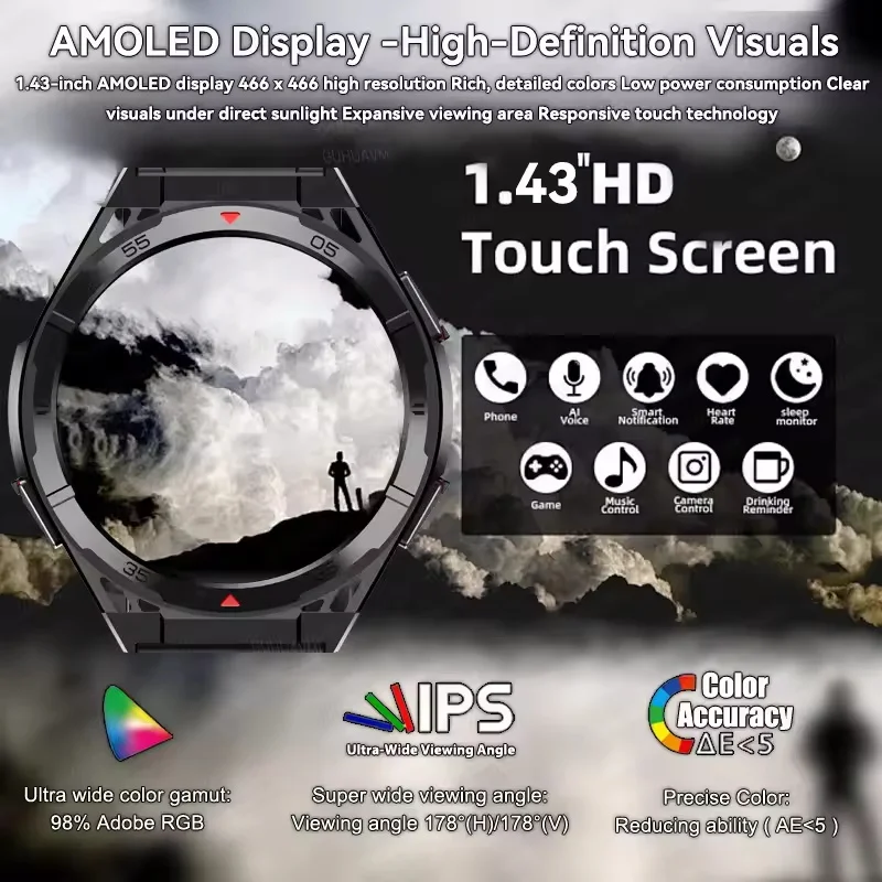 Фото Новинка для HUAWE, оригинальные GPS-смарт-часы, HD AMOLED-экран, спортивный компас, Bluetooth-вызов, пульс, IP69, водонепроницаемый умный браслет №5