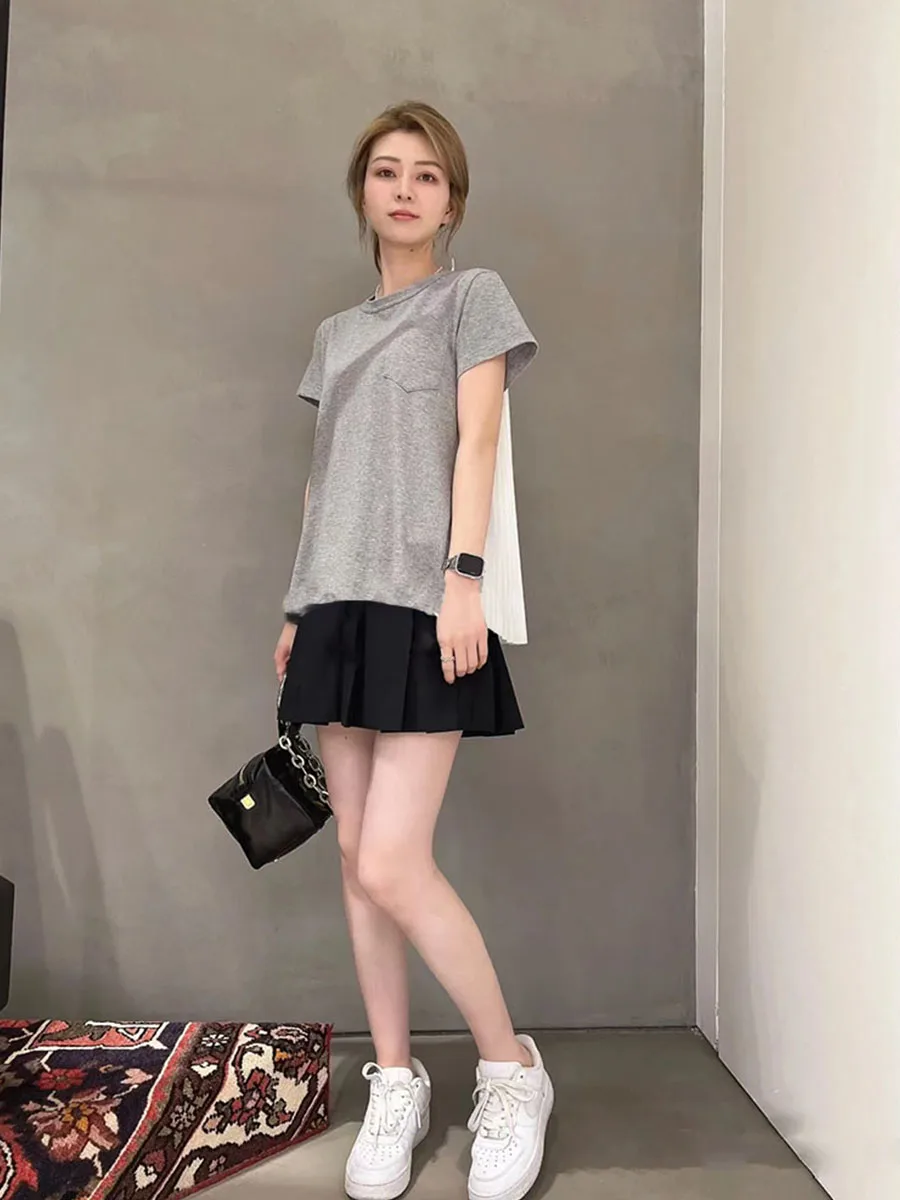 Плиссированный топ Sacai сзади, весна и лето, новый свободный дизайн, плиссированная женская футболка с короткими рукавами