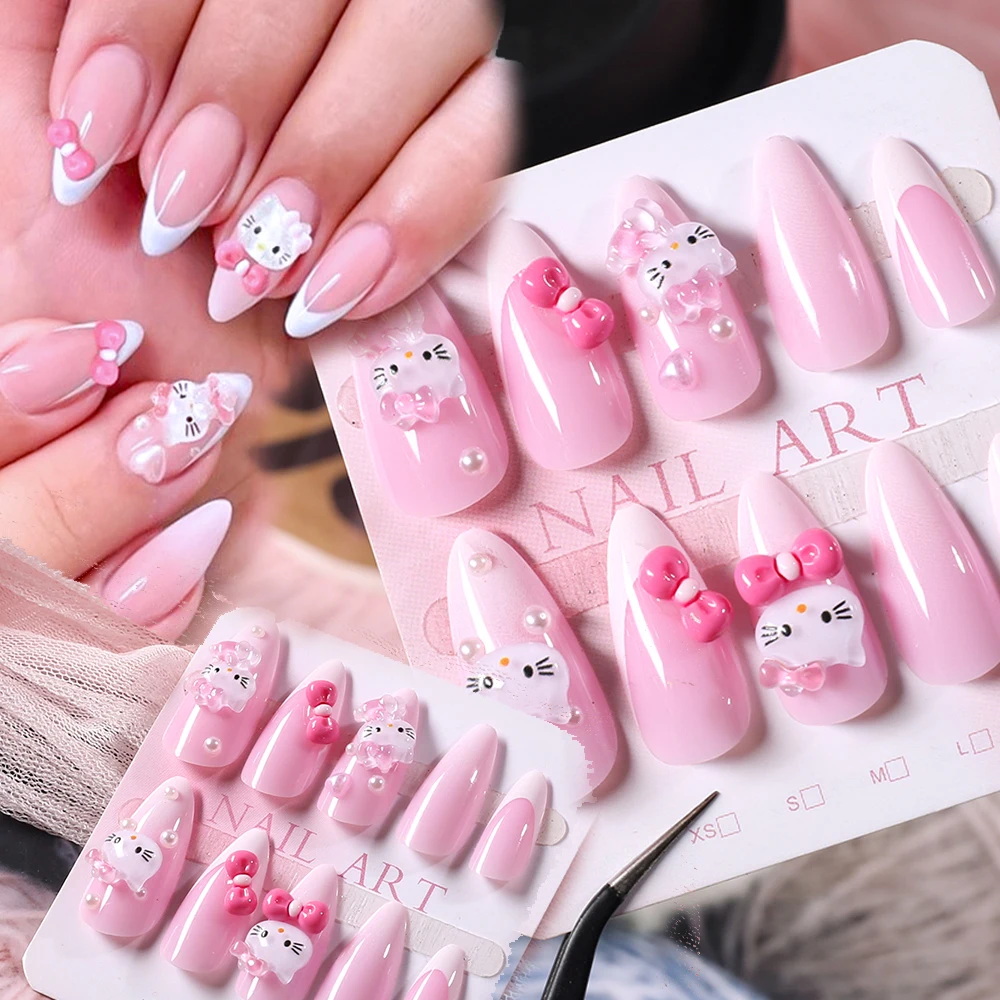 24 шт. Kawaii Pink Kitty Французские накладные ногти Короткие миндалевидные ногти Kitty Press On Nails Tip со смоляным бантом Kitty Y2k Маникюр Носимые ногти