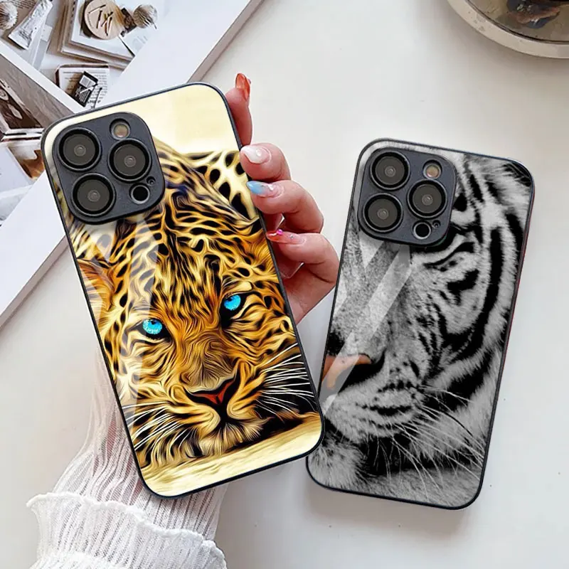 Tiger Lion Tempered Glass Case For iPhone 16 Pro Max 11 15 13 14 12 XS X XR 7 8 Plus SE 2020 16promax Shockproof Funda Covers