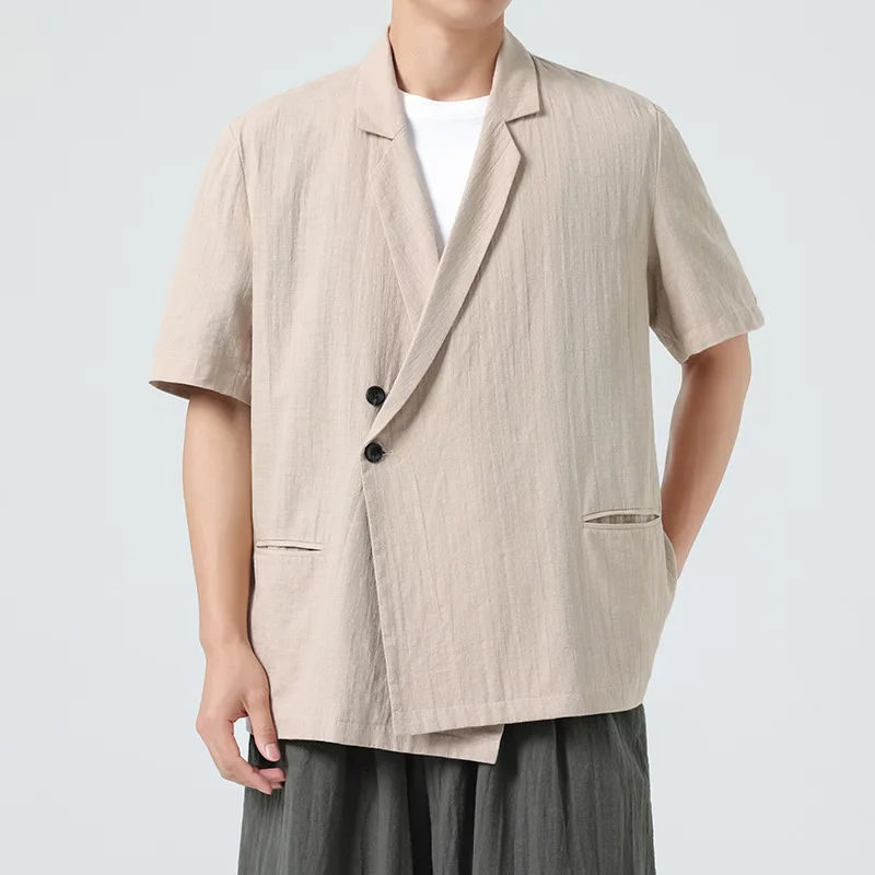 # 4712 Большие размеры 5XL, хлопковые льняные рубашки, мужские рубашки с коротким рукавом, свободные винтажные свободные мужские рубашки в китайском стиле, однотонные карманы