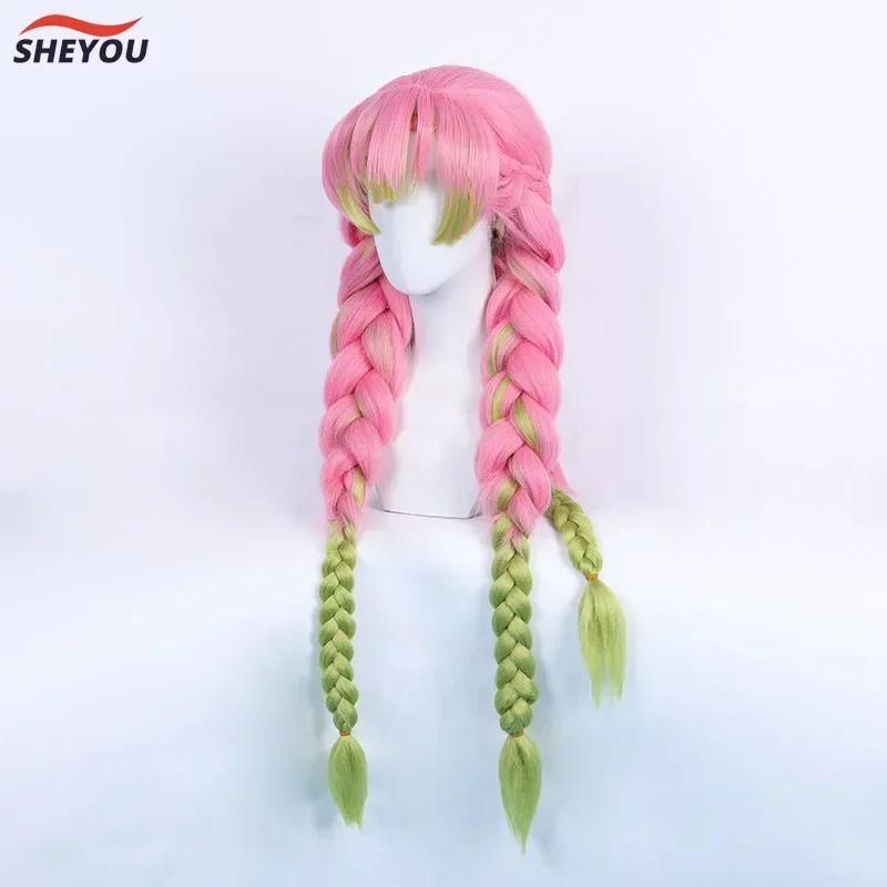 Фото Hoge Kwaliteit Kanroji Mitsuri Косплей Pruik Anime Lang Groen Roze Hittebest 3) Synthetisch Haar Halloween Pruiken + Pruik Cap №3