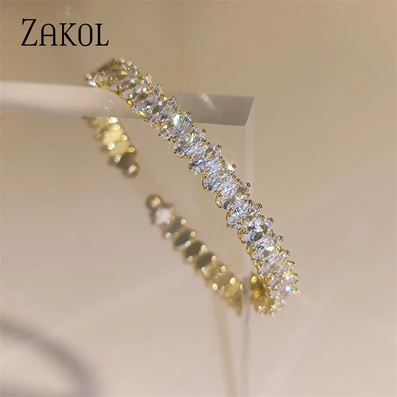 Фото ZAKOL 2023 модный овальный Браслет-манжета с кубическим цирконием, позолоченный регулируемый браслет, ювелирное изделие, подарок для женщин №2