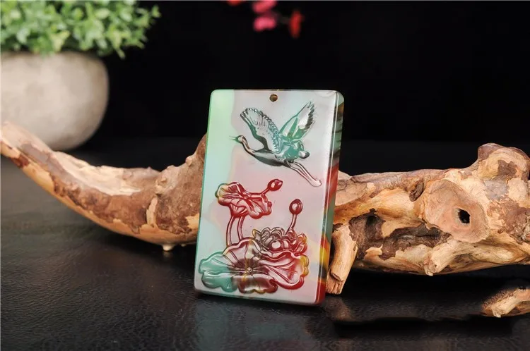 Фото Xinjiang Hetian Jade Color Jade Lotus Crane фирменные подвески для мужчин и женщин Золотая шелковая нефритовая подвеска на весь путь №4