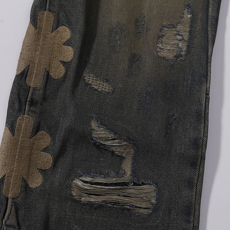 Фото LOST SHDWS JEANS Новые американские ретро свободные прямые джинсовые брюки с вышитым цветочным логотипом мужская уличная одежда №3