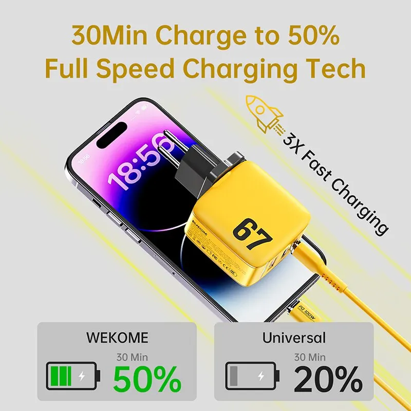 Фото WEKOME 67W GaN Быстрая зарядка Type C высокоскоростное USB-C/A зарядное устройство PD QC 3,0 PPS для iPhone 15 Pro Max Samsung S23 Xiaomi 13 Honor №2