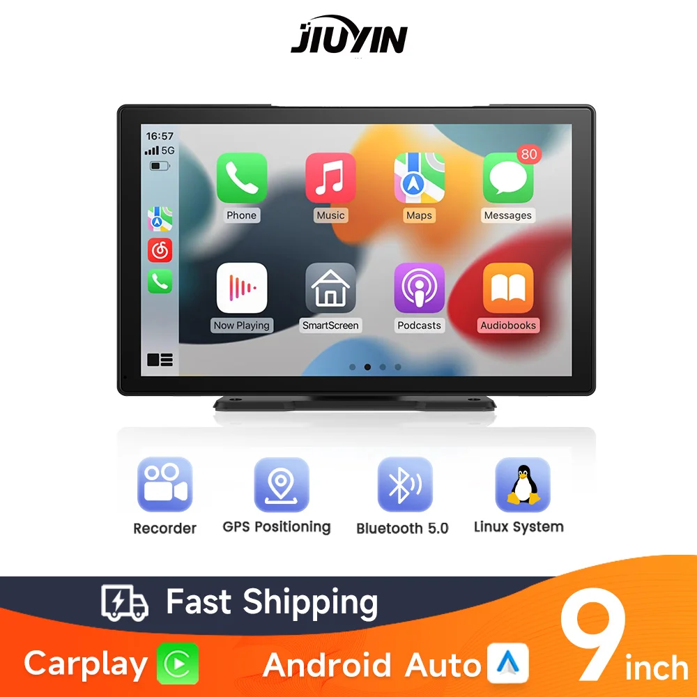 JIUYIN 9-дюймовый универсальный автомобильный радиоприемник, беспроводной Carplay Apple Android, мультимедийная навигация, сенсорный экран, музыкальный плеер, автомобильный экран