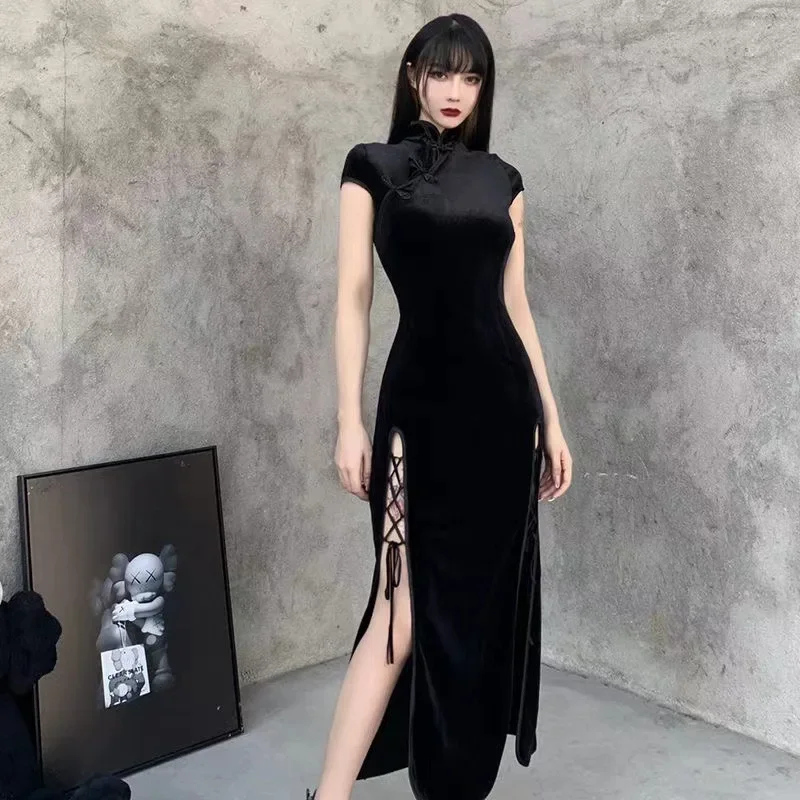 Современное китайское платье Ципао Cheongsam в темном готическом стиле, сексуальные черные винтажные восточные платья с разрезом для женщин, танцевальное выступление Этническая одежда