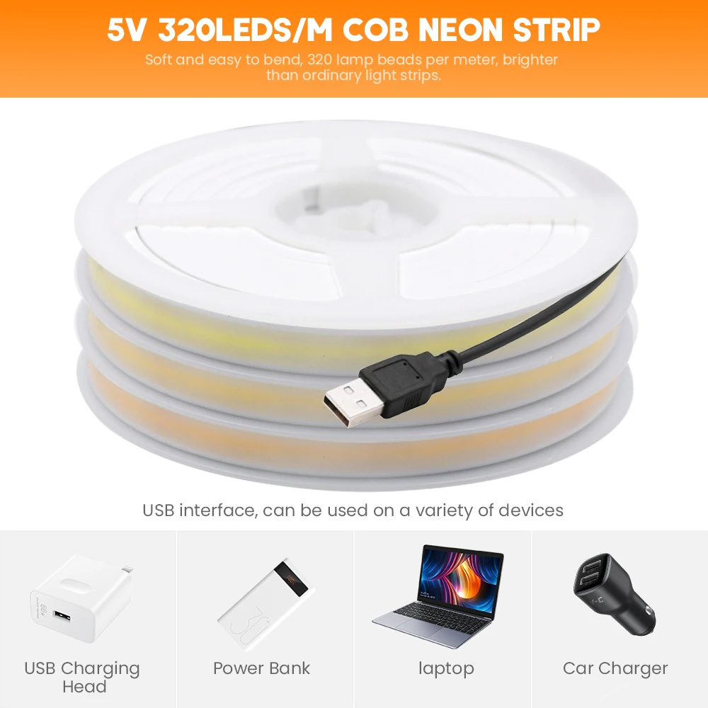 Фото Неоновая Гибкая светодиодная лента, DC 5 В, USB, COB, 3000K, 4000K, 6000K №3
