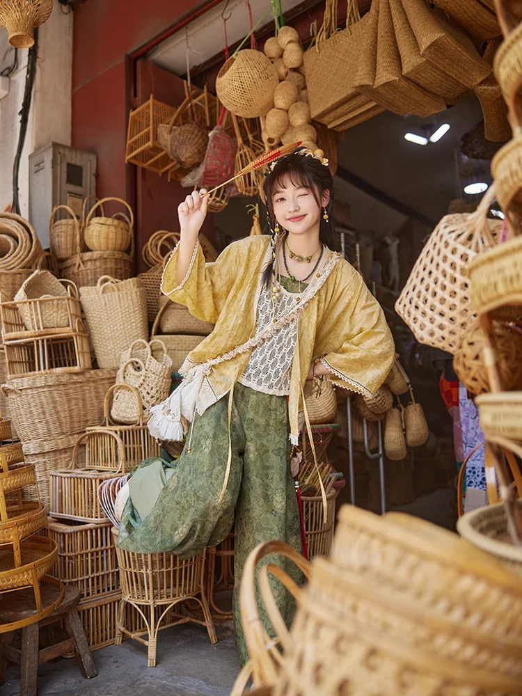 Повседневная куртка Hanfu в китайском стиле, костюм желтого и зеленого цветов, женский костюм для весны и лета